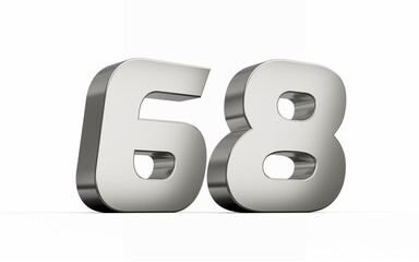 3d Silver number 68 Sixty eight sleek metallic look isolated on white background, 3d illustration
