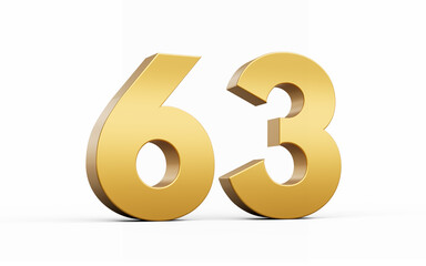 3D Golden number 63 Sixty three isolated on white background, 3d illustration