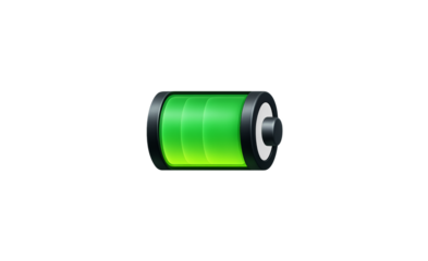A fully charged green battery icon with a bright glowing charge indicator symbolizing power and energy isolated on transparent background