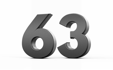 Sleek metallic Black number 63 Sixty three standing on a white background, 3d illustration