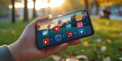 Person holding a smartphone displaying colorful app icons with a scenic outdoor background and warm sunlight