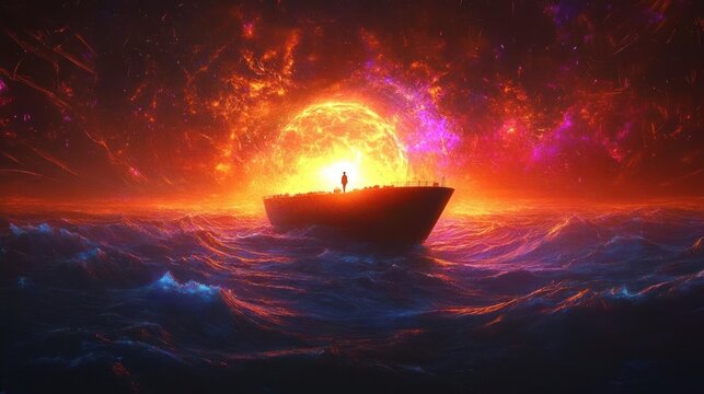 Silhouette of person standing on a ship in turbulent ocean waters under a fiery, colorful cosmic sky with a bright glowing sun and vibrant nebulae - Powered by Adobe