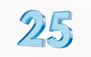 3d Glossy Blue number 25 Twenty five isolated on white background. 3d illustration