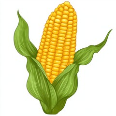 Obraz premium Illustration of a ripe yellow corn cob partially wrapped in fresh green husk leaves on a white background