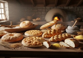 Rustic bread display with oven in a stone bakery setting