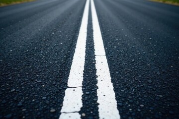 Worn white lines on black asphalt, textured road surface , driving, dark