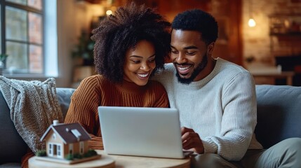 Happy couple sitting close together on a cozy sofa looking at a laptop screen with smiles in a warmly lit living room