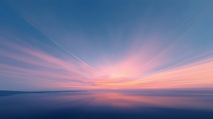 Colorful serene sunset sky over calm water horizon with dreamy pastel clouds in soft pink and blue tones, creating tranquil abstract nature background and peaceful atmosphere