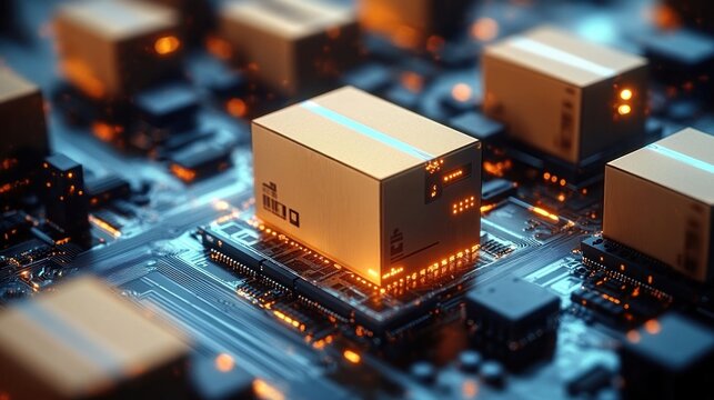 Futuristic circuit board with glowing miniature shipping containers symbolizing digital technology and data processing - Powered by Adobe