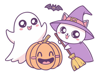 Cute Kawaii Halloween Characters Vector Set