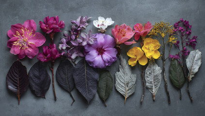 Fototapeta premium Vibrant assortment of exotic flowers and dark foliage arranged in a colorful row