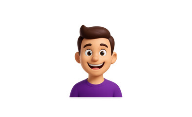 Friendly cartoon young man with brown hair and a big smile wearing a purple t shirt isolated on transparent background
