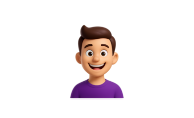Friendly cartoon young man with brown hair and a big smile wearing a purple t shirt isolated on transparent background
