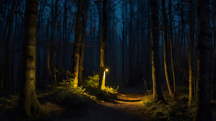 Fototapeta premium forest at night, Dark forest trail at night with glowing yellow eyes peering from the trees