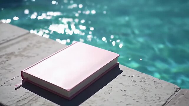 Light Pink Hardcover Book Lying on Concrete Near Poolside With Sunlight and Water Reflection