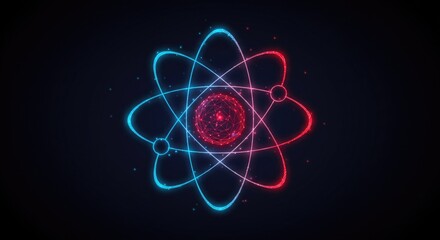 Nuclear energy concept with abstract low-poly atom model, glowing blue-red core, energy orbit icon, and molecule symbol on dark background in vector style.
