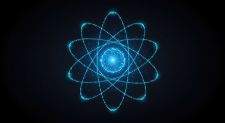 Nuclear energy concept with abstract low-poly atom model, glowing blue-red core, energy orbit icon, and molecule symbol on dark background in vector style.
