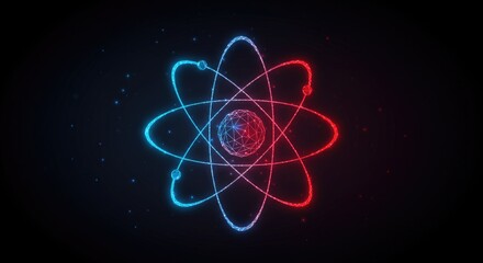 Nuclear energy concept with abstract low-poly atom model, glowing blue-red core, energy orbit icon, and molecule symbol on dark background in vector style.
