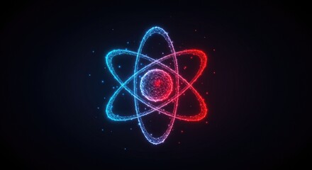 Nuclear energy concept with abstract low-poly atom model, glowing blue-red core, energy orbit icon, and molecule symbol on dark background in vector style.
