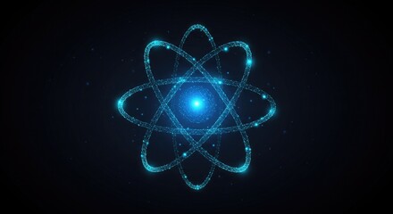 Nuclear energy concept with abstract low-poly atom model, glowing blue-red core, energy orbit icon, and molecule symbol on dark background in vector style.
