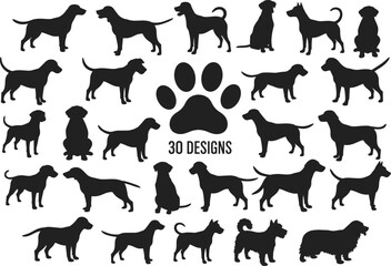 Dog Silhouette, Vector Pack, Canine Designs, Animal Graphics, Illustrations, Flat Vector Style, 30 Dogs, Pet-Themed, Clip Art.