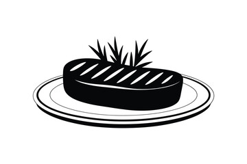 Grilled Steak on Plate with Garnish Black and White Illustration
