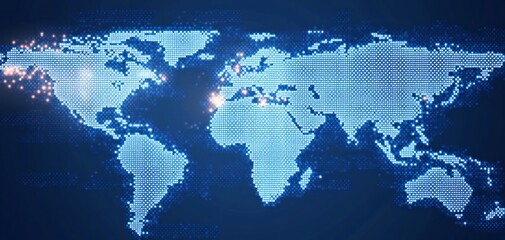 Digital world map composed of small blue dots with glowing light spots indicating connectivity and global data points on a dark background