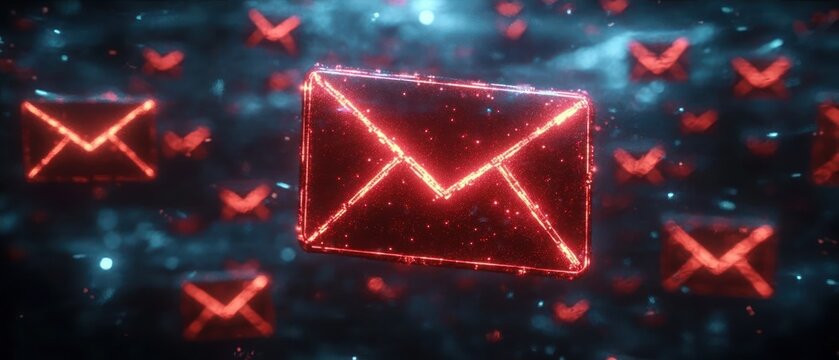 Futuristic glowing red envelopes symbolizing digital communication floating in a dark blue and black abstract space