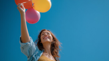 Happy young woman holding colorful balloons against blue sky  