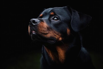 Obraz premium Close-up portrait of a black and brown dog looking upward with a calm and thoughtful expression against a dark background