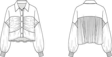 Fashion blouse flat sketch, CAD technical drawing, pleated back shirt design, puff sleeve crop top illustration, women garment vector template