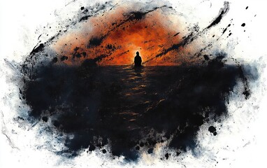 Silhouette of a lone person sitting peacefully on a dark water surface against a vibrant orange and black abstract sky with dynamic swirling textures