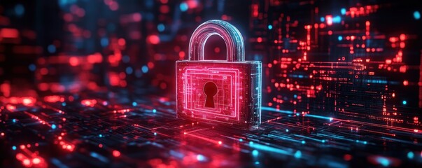 Digital padlock glowing in red and blue neon lights on a surface filled with circuit-like patterns symbolizing cybersecurity and data protection