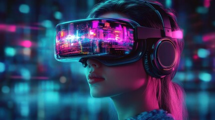 Portrait of a woman wearing advanced virtual reality headset and headphones with vibrant neon cityscape reflections, immersed in a futuristic digital world