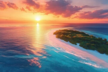 Fototapeta premium Bright orange and pink sunset over a small tropical island with lush green trees and white sandy beach surrounded by calm blue ocean waters