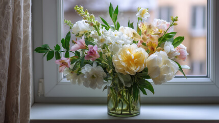 Colorful bouquet of flowers in a glass vase by the window  