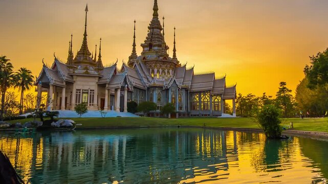 Timelapse of Wat Non Kum or Wat Luang Pho To in Sikhio District, Nakhon Ratchasima, Korat, Thailand is a symbolic place of temples in Thailand. At sunset, there is a reflection in the water.
