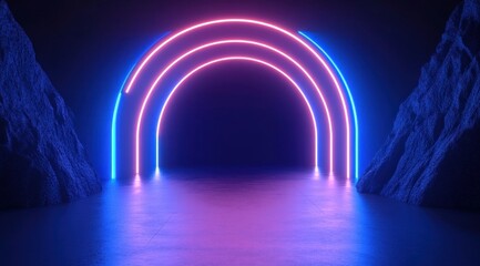 Futuristic neon arches glowing pink and blue between two dark rocky walls with reflective smooth floor