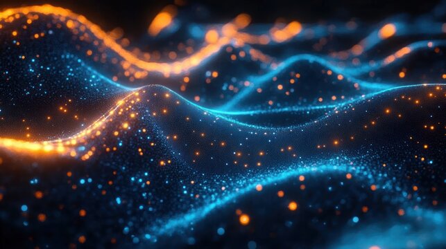 Abstract digital wavescape with glowing orange and blue particles creating dynamic flowing hills and a futuristic atmosphere