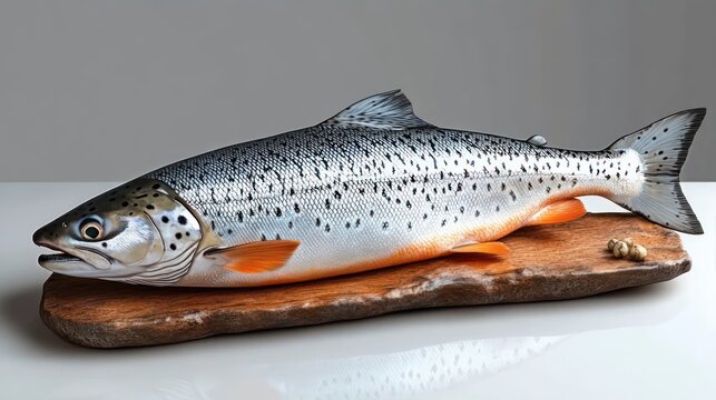 realistic fish sculpture with silver and orange colors lying on wooden plank against neutral background