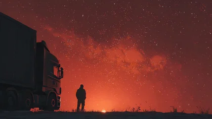 Keuken achterwand Bordeaux Silhouette of a trucker standing beside a truck under a stunning starry sky.  © aliahmad