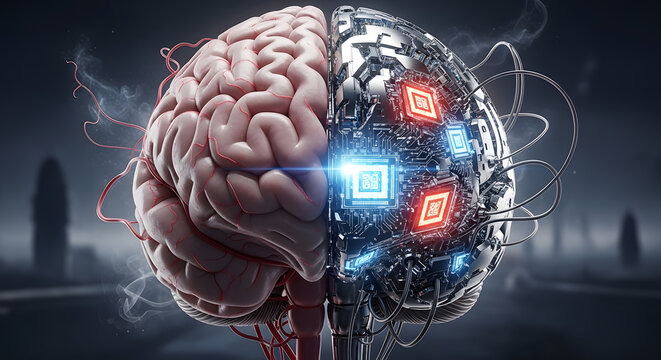An artistic representation showcasing the fusion of biological intelligence and artificial intelligence, illustrating the merging of the human brain with advanced computational technologies on a