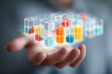 Hand holding a holographic display of colorful, translucent cubes with charts/graphs inside