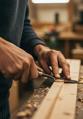 Skilled artisan meticulously sculpts timber planks with a sharp chisel, creating intricate designs in a cozy, rustic woodworking workshop. Close-up of hands crafting fine details