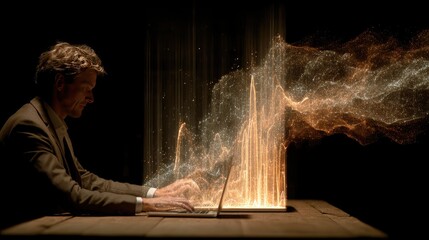 Businessman working at laptop, glowing data graphic