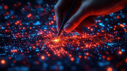 Close-up of a hand holding a pen pointing at a glowing orange node on a digital network grid with red and blue light dots representing data connections