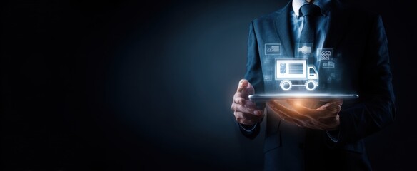 The businessman using technology to visualize delivery logistics and transportation solutions.