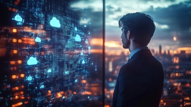 businessman analyzing digital cloud computing data on large transparent screen with cityscape view at dusk - Powered by Adobe