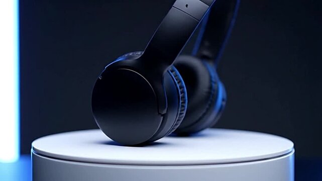 Stylish black headphones displayed with professional studio lighting, showing comfort, premium build, and futuristic audio design for promotional or branding content.