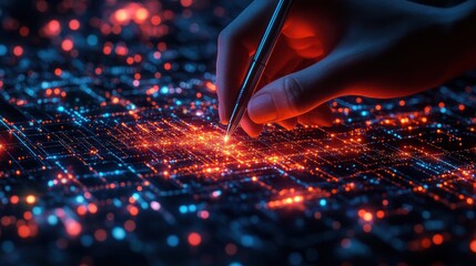 Close-up of a hand holding a pen pointing at a glowing circuit board with bright orange and blue lights, creating a futuristic and high-tech atmosphere